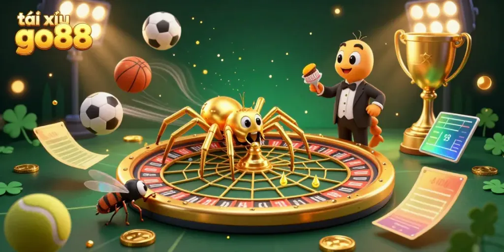 Experience the thrill of tài xỉu go88 at a dynamic casino scene showcasing a golden spider, sports balls, and sparkling decoration.
