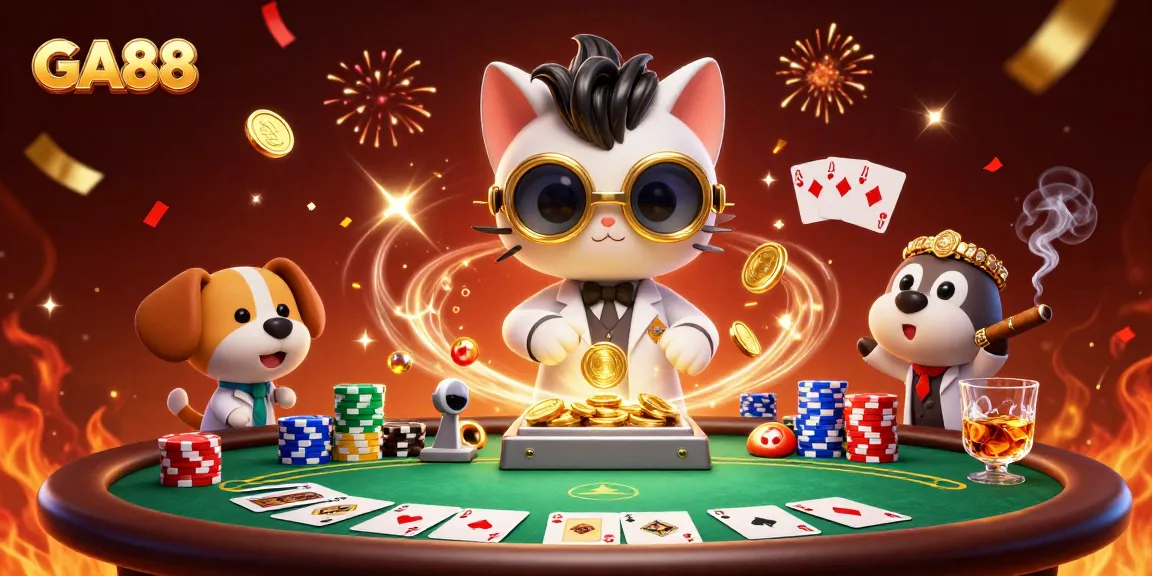 Experience the excitement of GA88 with a dynamic poker scene featuring cartoon characters and vibrant casino elements.