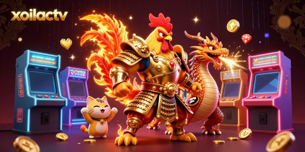 Xoilactv showcases a thrilling 3D cartoon scene featuring a rooster warrior and armored dragon, set in an exciting gaming atmosphere.