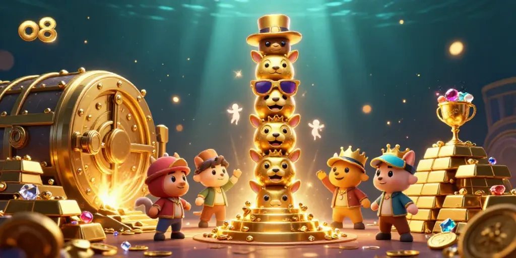 Engage with the vibrant o8 gaming scene featuring dazzling treasures and animated totem characters.