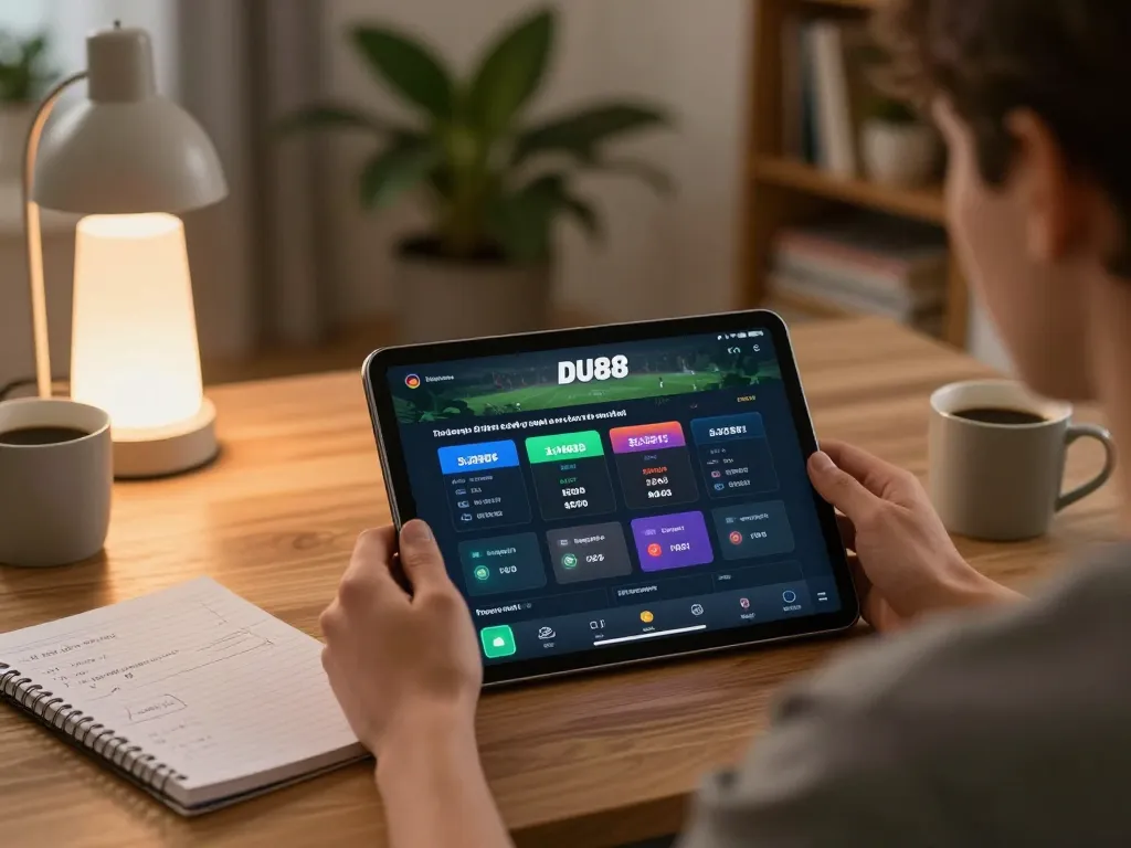 Engaging with DU88 app for sports betting on a cozy tablet setup in a home.