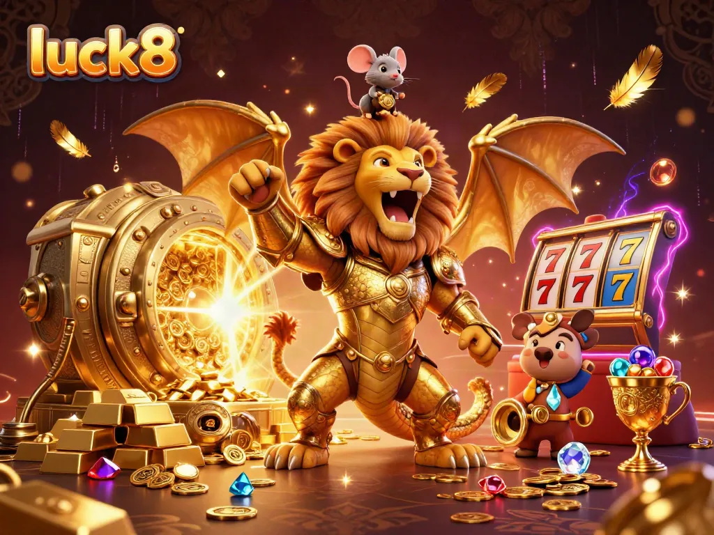 Experience thrilling wins at luck8, featuring a chimera creature in golden armor amidst treasures and casino reels.