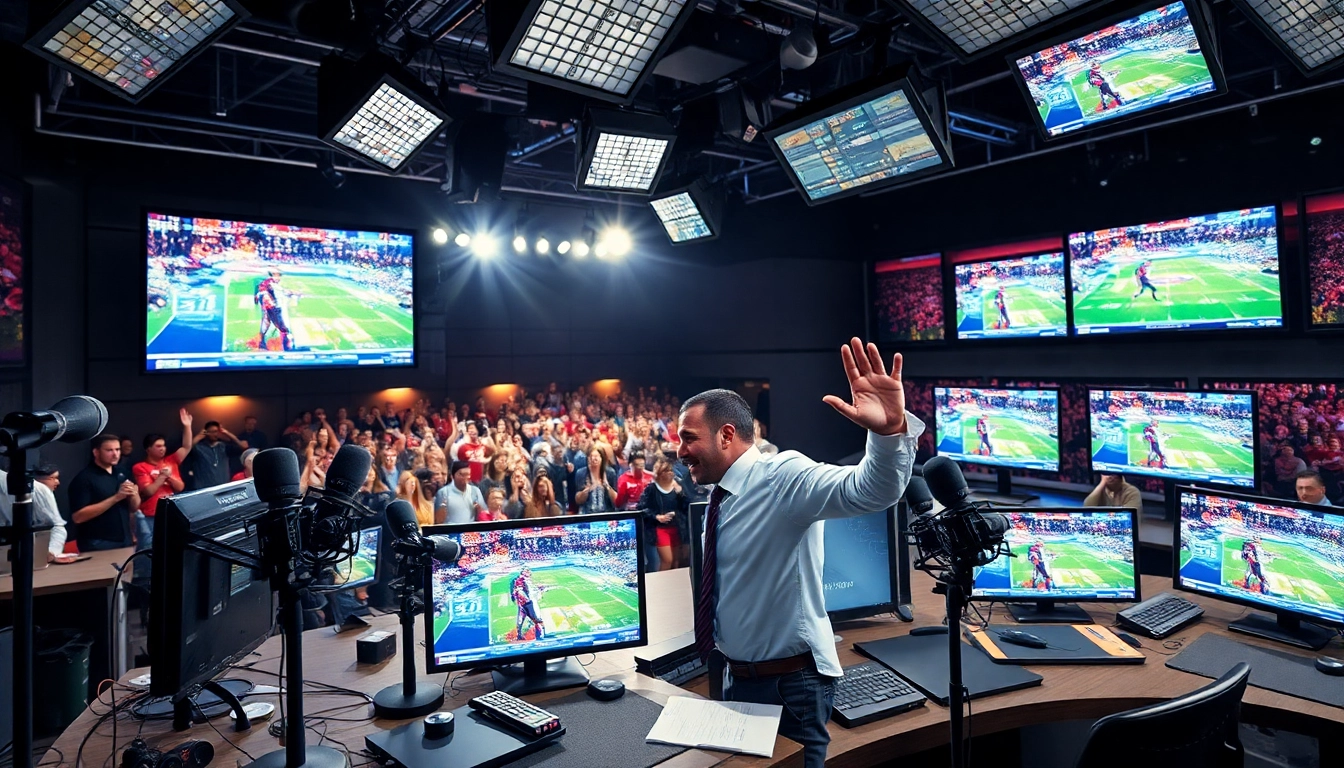 Engaging scene of sports broadcasting with a dynamic host, showing live coverage.
