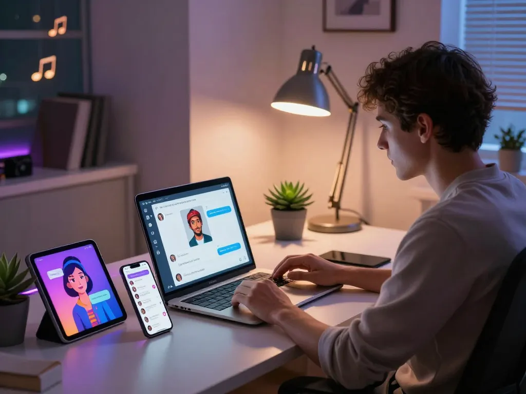 Engaging in porn chat AI interactions at a stylish home office.