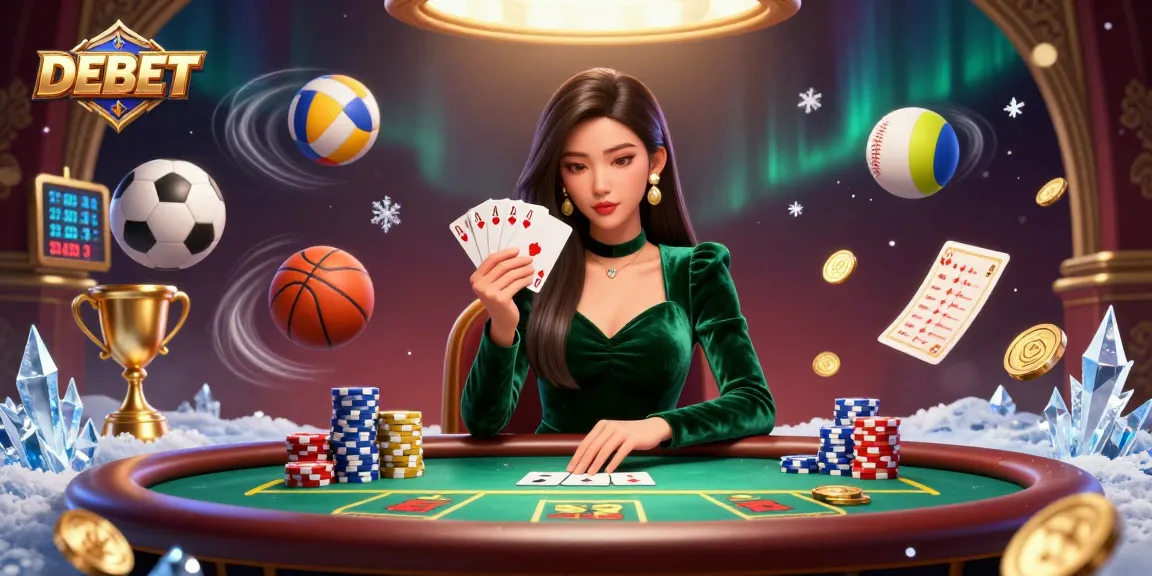 Experience the thrill of DEBET at a luxurious poker table, showcasing strategic play and vibrant casino action.