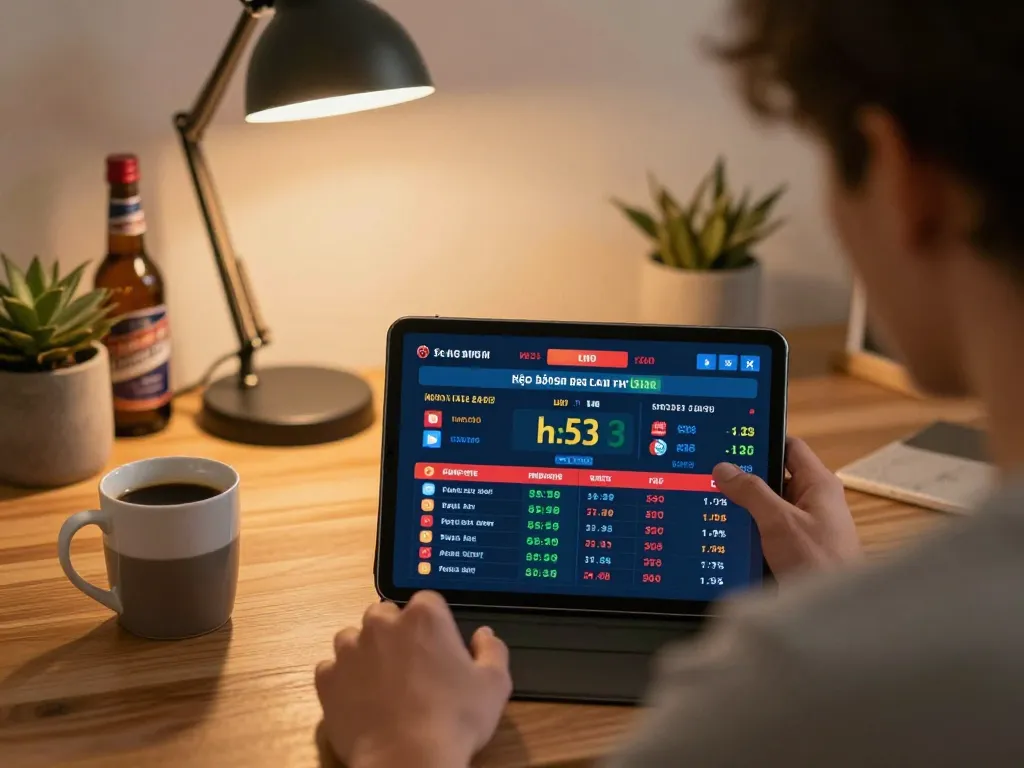 Engaging in kèo bóng đá trực tuyến betting on a tablet, warm home office atmosphere.