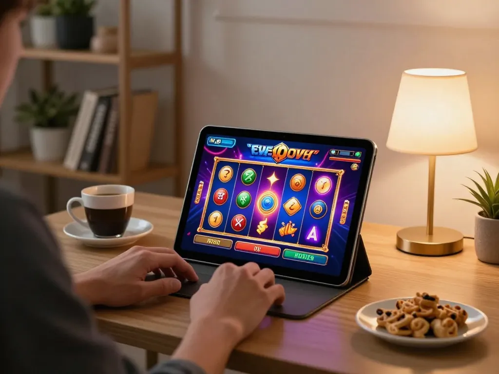 Playing slots online at home, showcasing tigerasia88 site on tablet with cozy decor