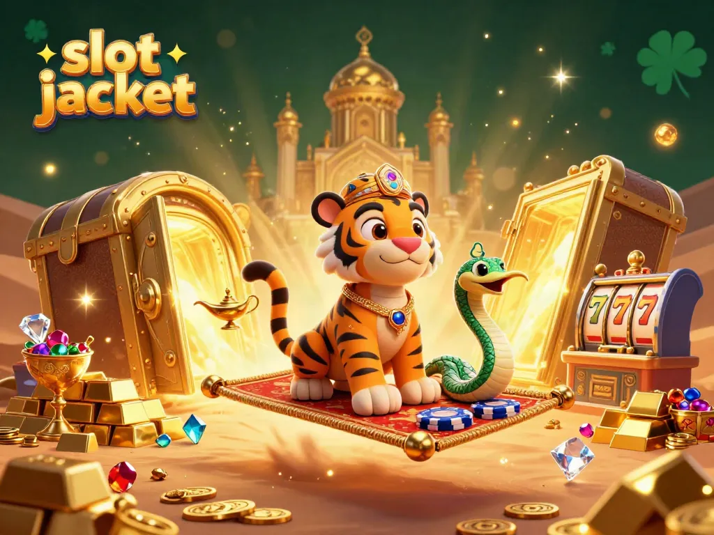 Experience the thrill of slot jackpot with vibrant 3D cartoon characters, gold, and slot machine elements.