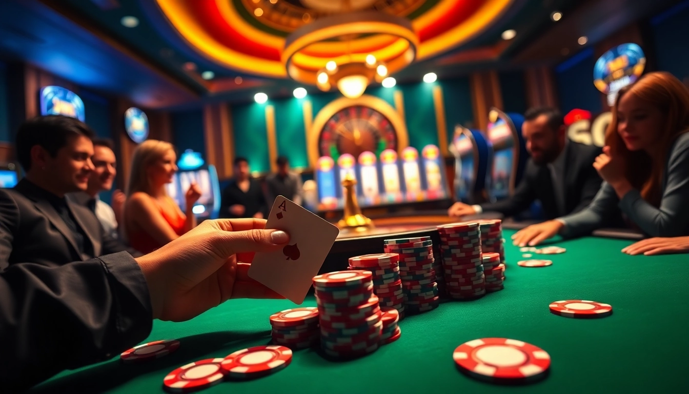 Engage in high-stakes gambling at nhà cái C168 with vibrant poker chips and casino tables.