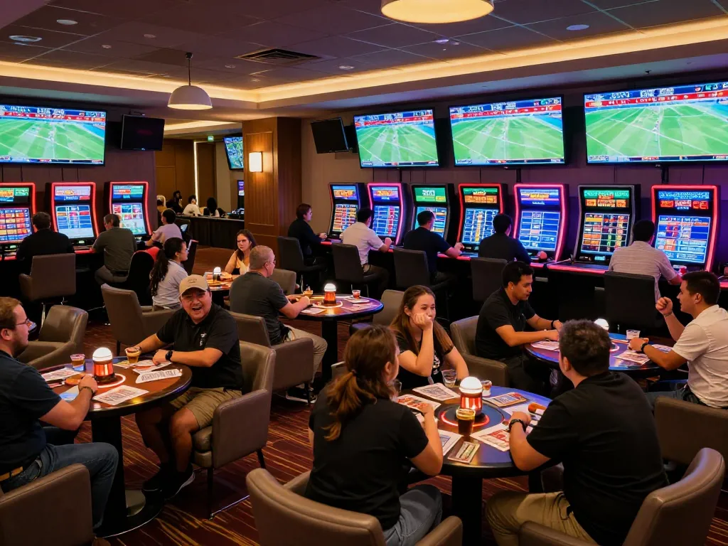 Kèo nhà cái betting enthusiasts engaging in live sports betting at a vibrant casino lounge.