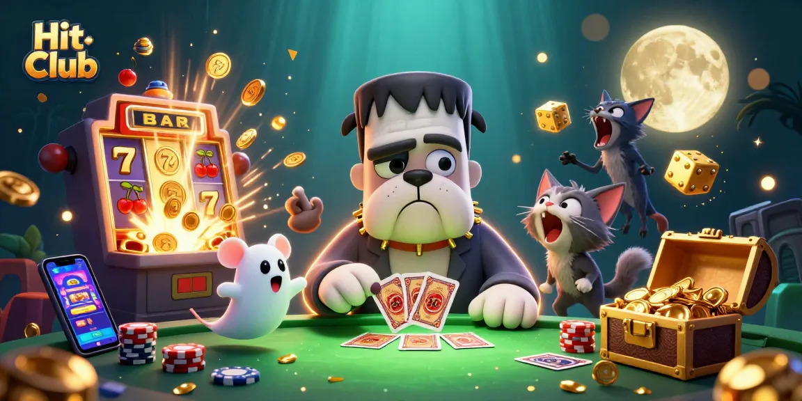 Hit Club gaming scene featuring a 3D bulldog dealing cards amidst jackpots and colorful coins.
