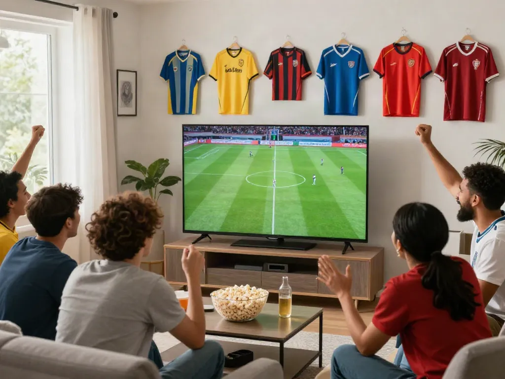 Fans enjoying live football via thapcamtv.ac in an energetic home setting.
