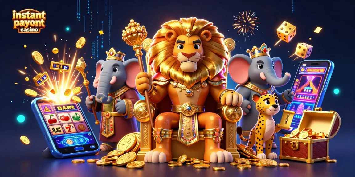 Experience instant payout casino excitement with a dynamic 3D scene featuring a fierce lion king, wise elephant, and a quick cheetah among casino elements.