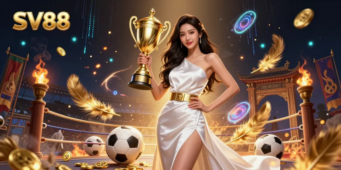 Experience the thrill of SV88 with a victorious Asian woman in a luxury gown, celebrating in a dynamic sports betting scene.