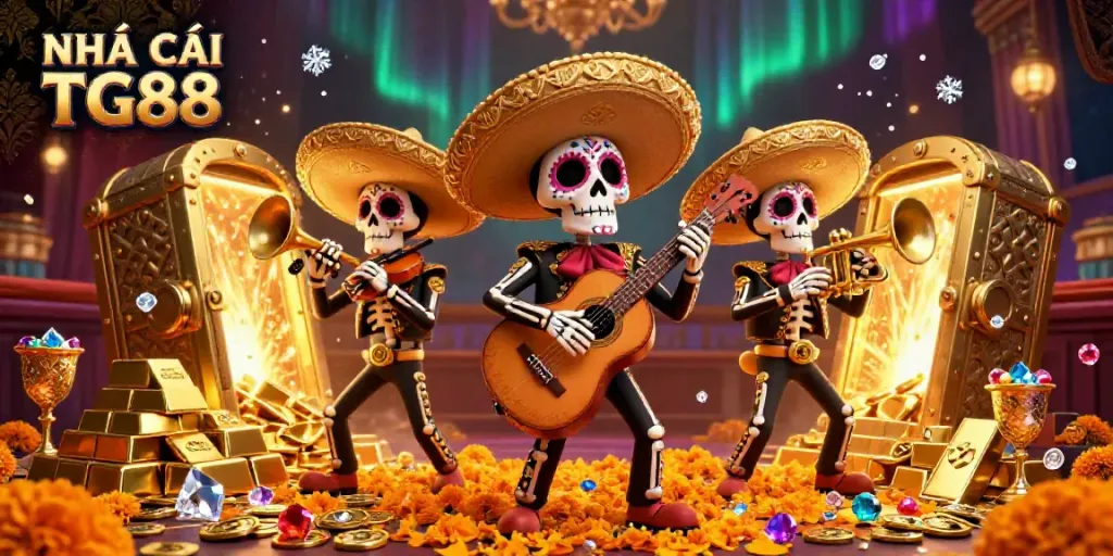 Experience thrill with NHÀ CÁI TG88 as mariachi skeletons play amidst golden treasures and festive vibes.