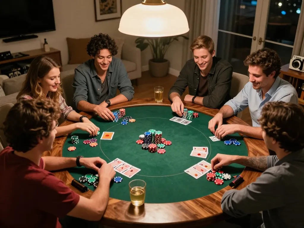 Poker game amongst friends in a cozy home, showcasing chips and cards while enjoying the yo88 experience