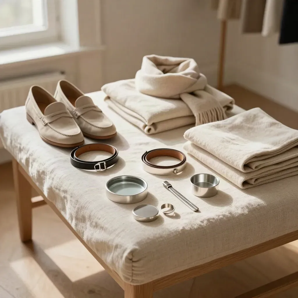 Foldade outfits, loafers och accessoarer på en linnklädd bänk i mjukt dagsljus.