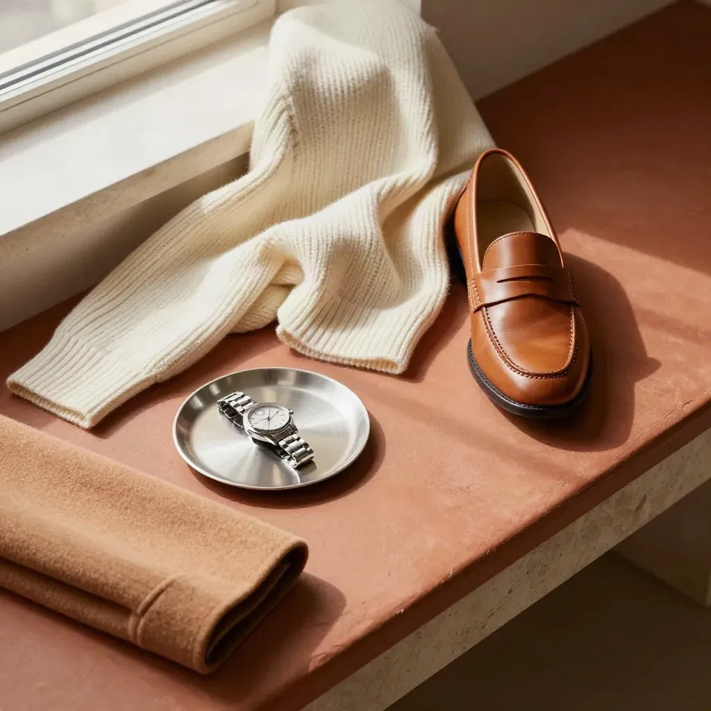 Överifrån: stickad tröja, loafers och klockfat på ljus terrakotta.