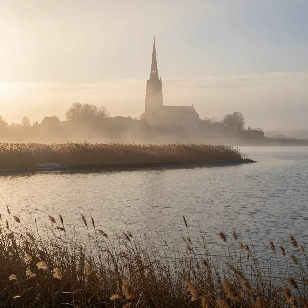 Morgondimma över Mälaren med kyrktorn, låga öar och stilla vatten.