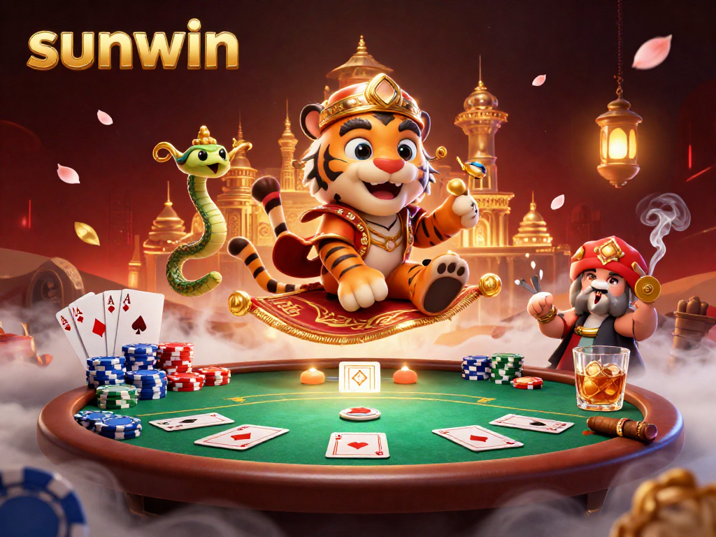 Experience winning strategies with sunwin in a vibrant 3D casino scene featuring a tiger sultan.