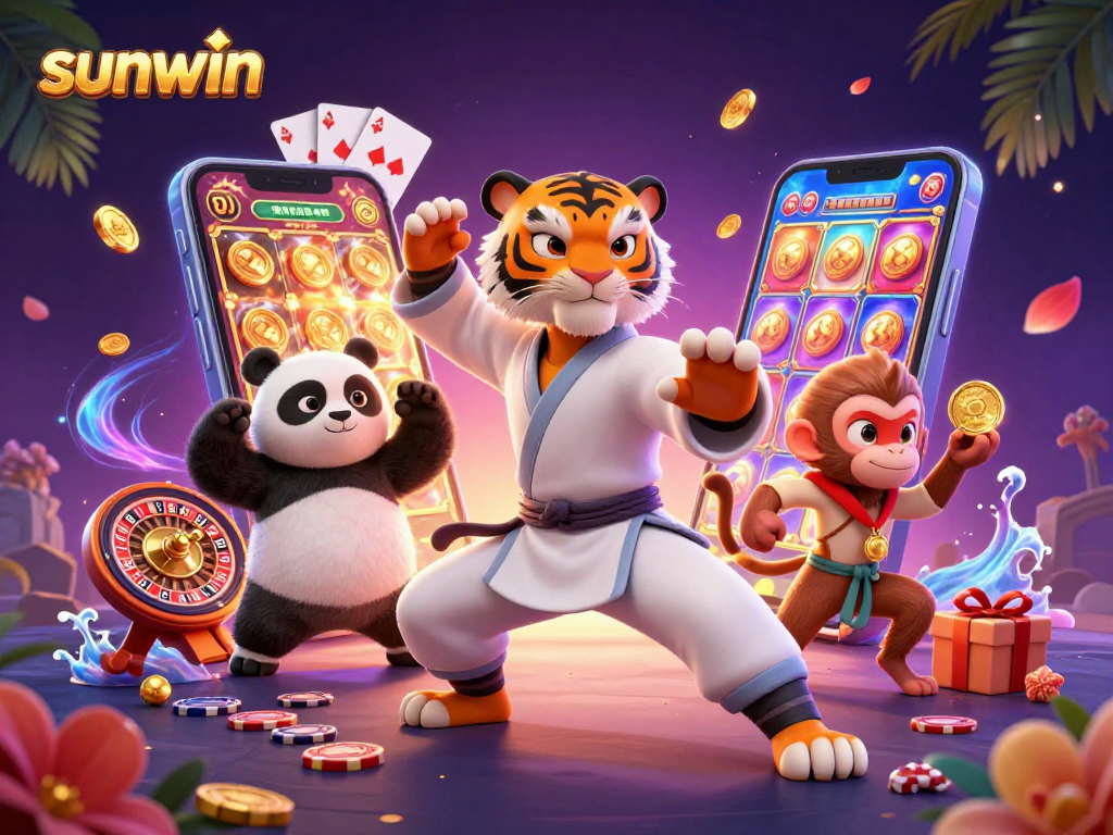 Experience the excitement of sunwin slots with a fun illustration featuring a kung fu tiger and friends.