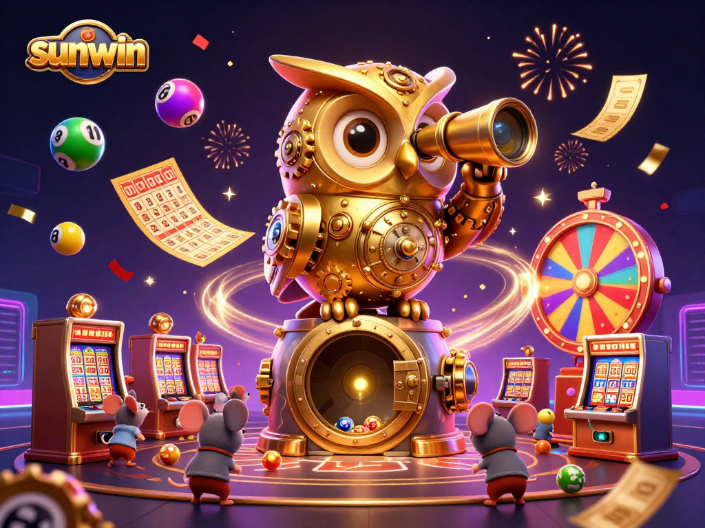 Experience the exhilarating world of sunwin with a detailed casino scene featuring a golden owl and vibrant lottery elements.