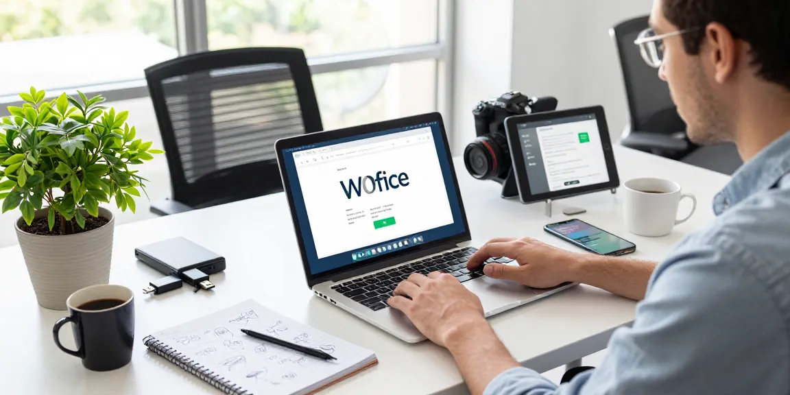 WPS Download scene featuring a user in a modern workspace downloading productivity software on a sleek laptop.