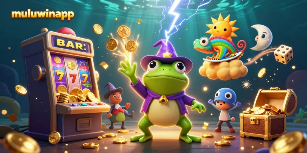 Experience thrilling wins at muluwinapp with dynamic golden coins and exciting casino elements in this vibrant illustration.