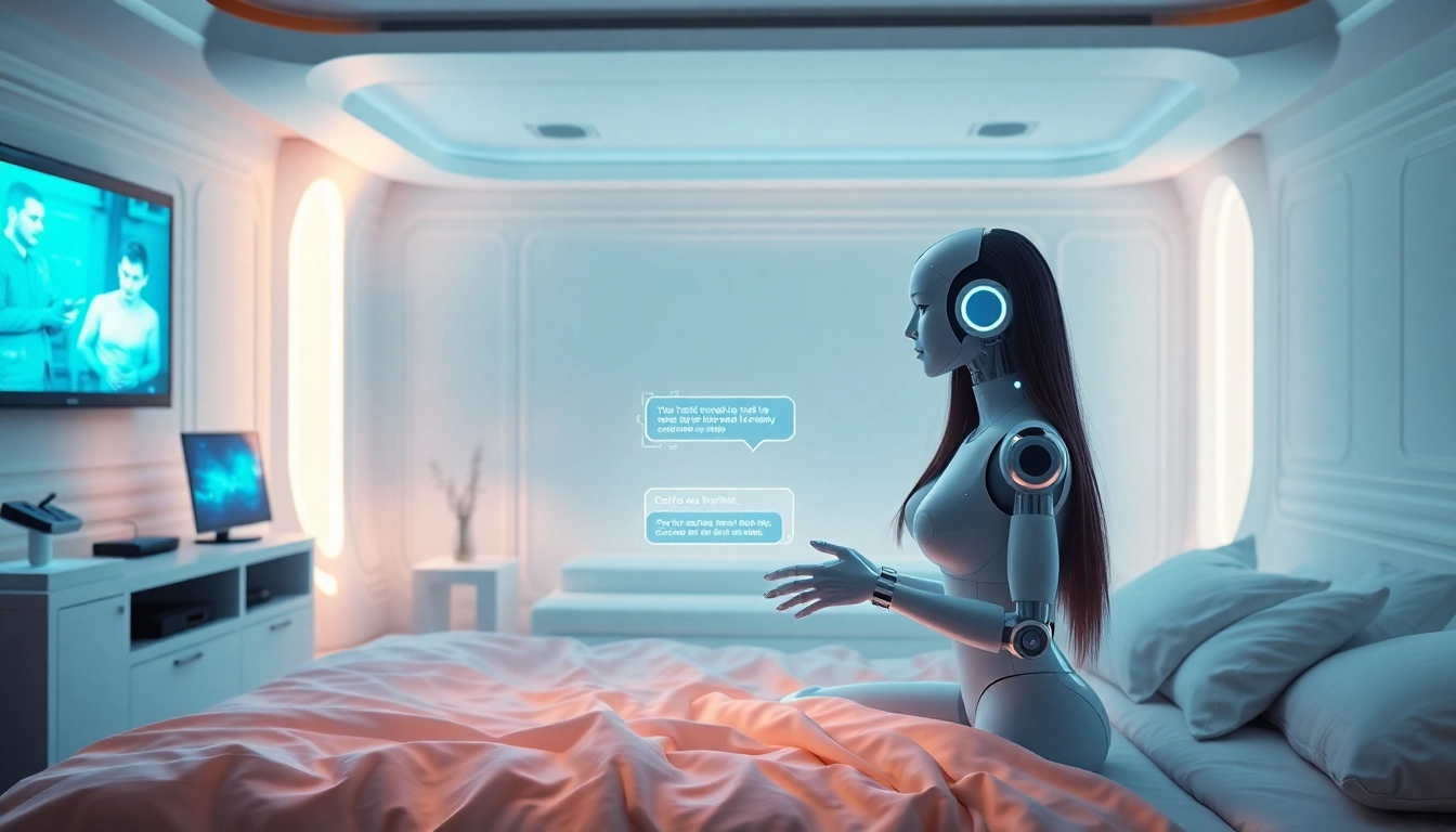Engaging sex bot offering a friendly conversation in a modern bedroom.