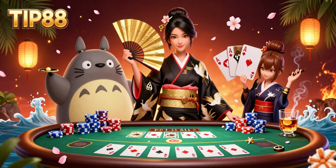 Experience the elegance of TIP88 with a festive casino atmosphere featuring poker elements and cultural motifs.
