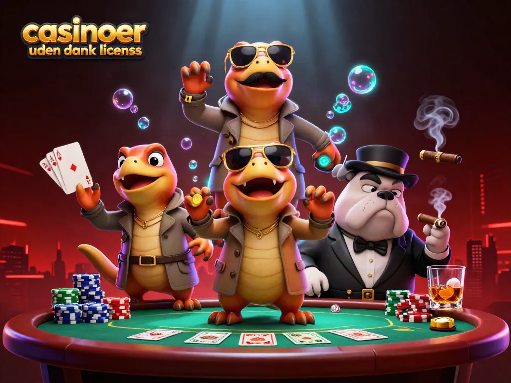 Engaging scene of three raptors in a trench coat attempting to access a VIP area at casinoer uden dansk licens, featuring poker elements.