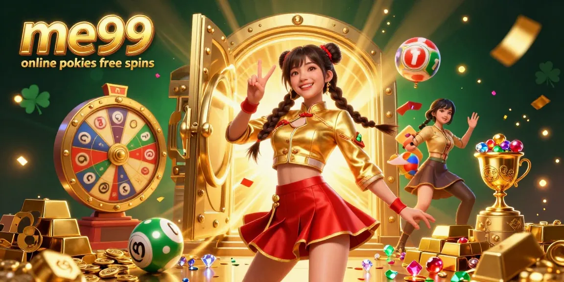 Engage with me99 online pokies free spins in a vibrant 3D scene filled with treasures and fun.