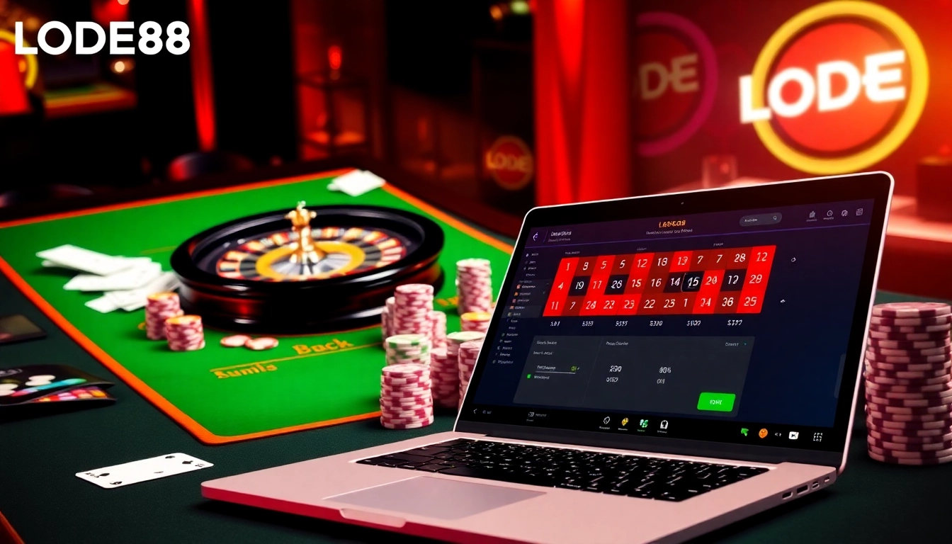 Engage with thrilling gameplay at LODE88, featuring poker chips and roulette tables in a stunning casino setting.
