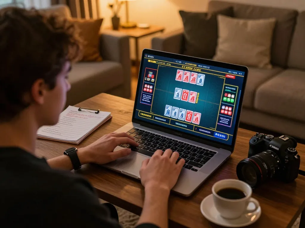 Engaging in hit-club online gaming with live dealer interaction on a cozy laptop setup.
