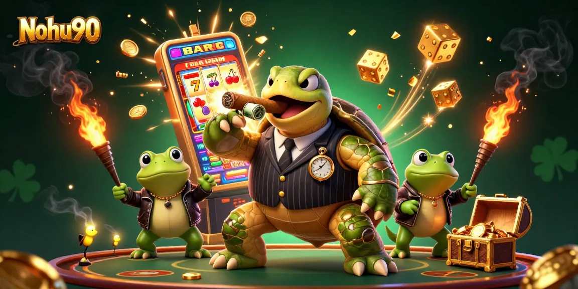 Nohu90 slots feature a massive turtle mobster and bullfrog enforcers amidst a jackpot explosion.