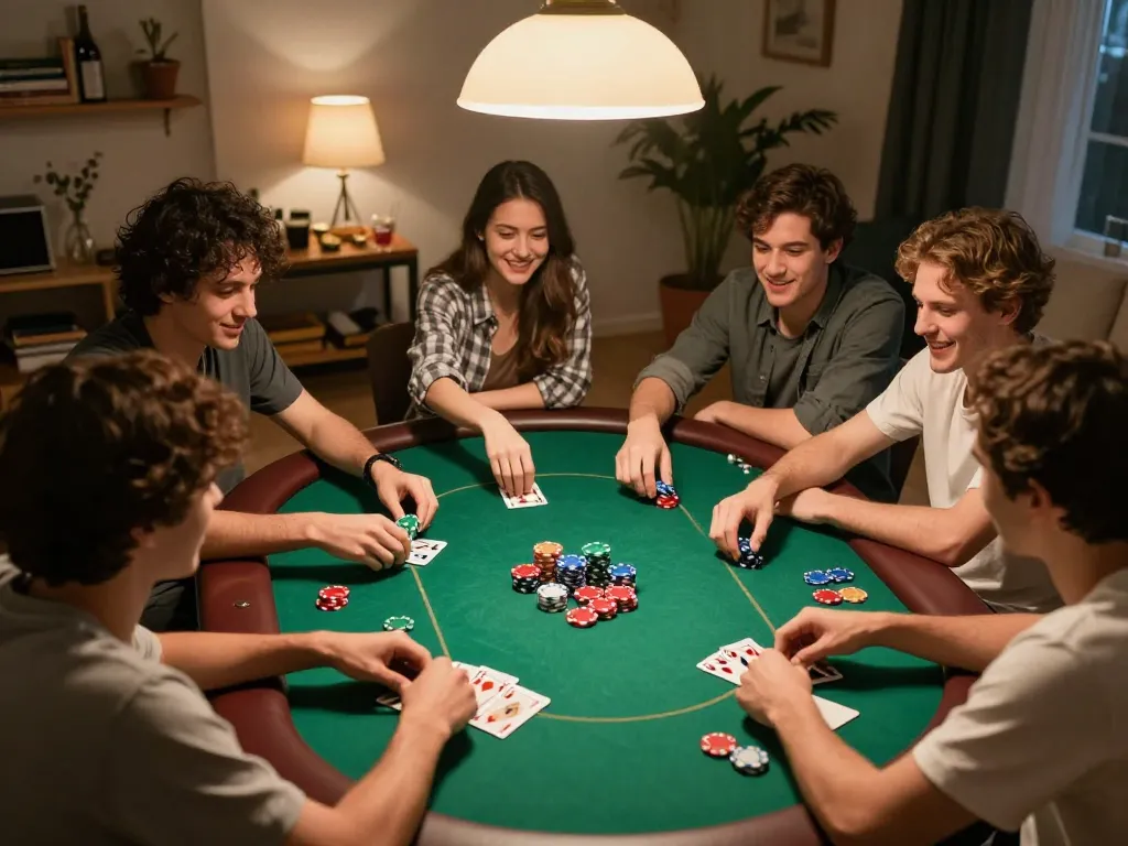 Socolive shows friends enjoying a poker night at home with vibrant chips and warm atmosphere.