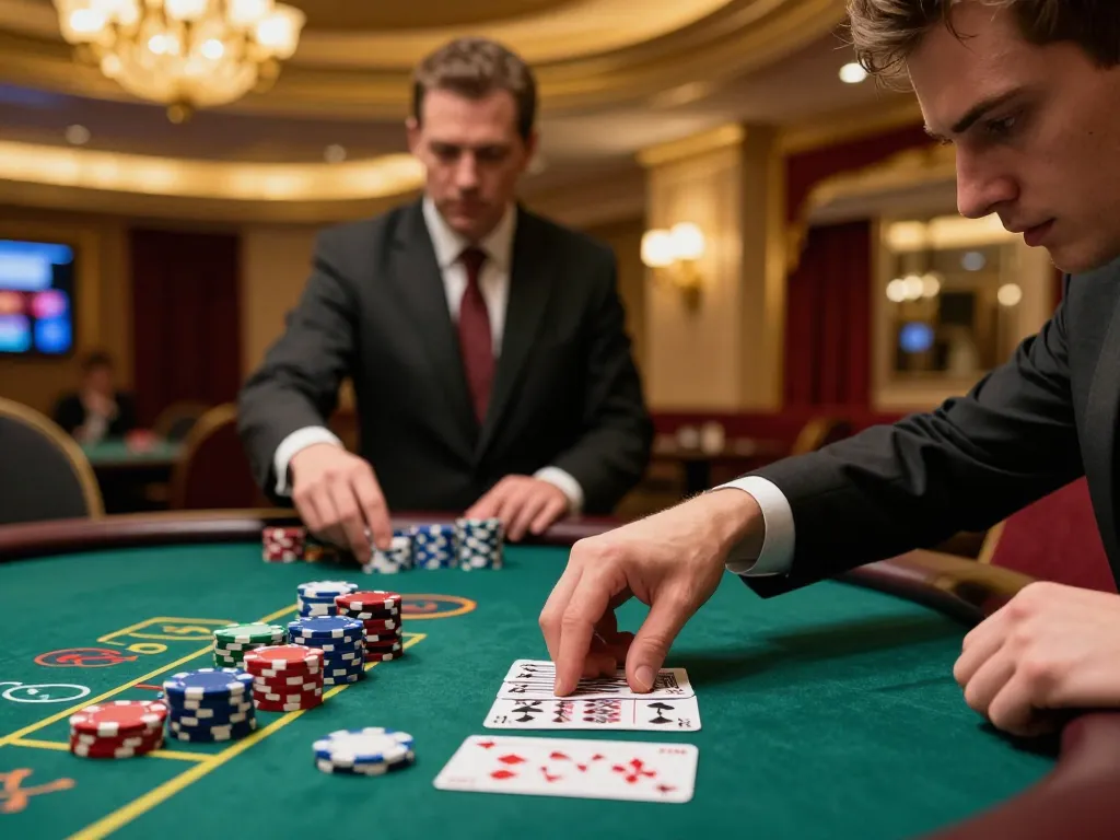 Player making strategic decisions at blackjack table on https://luck8.bid/ with warm casino ambiance and vibrant decor