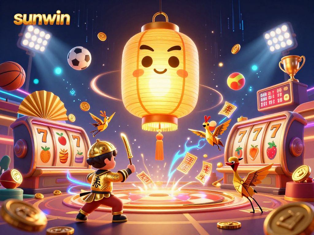 Sunwin's vibrant casino scene features a golden lantern spirit surrounded by slot game elements.