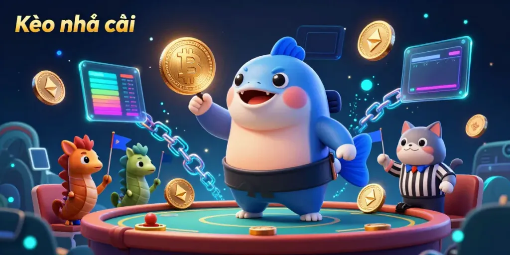 Engage in Kèo nhà cái with a vibrant 3D illustration showcasing a unique betting arena featuring colorful crypto coins.