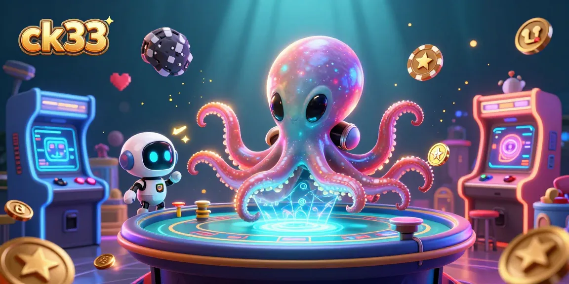 Engage in thrilling poker games with ck33, featuring a playful alien octopus and vibrant arcade elements.