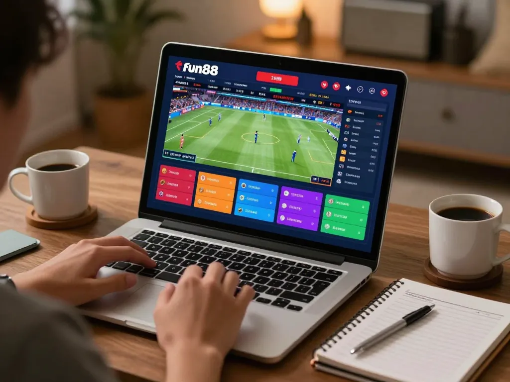 Betting on fun88 online, showcasing live sports and interactive gaming on a laptop.