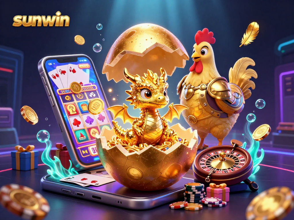 Win big with sunwin in this vibrant 3D casino scene featuring poker chips and games.