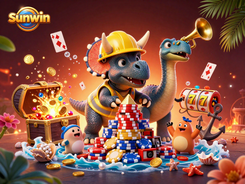Experience the excitement of sunwin with a lively 3D casino scene featuring cheerful characters and slot elements.