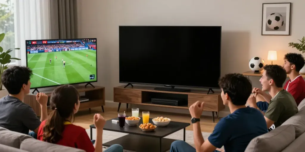 Fans enjoying a live match on xoilactvlive.net in a cozy living room atmosphere with snacks and excitement.
