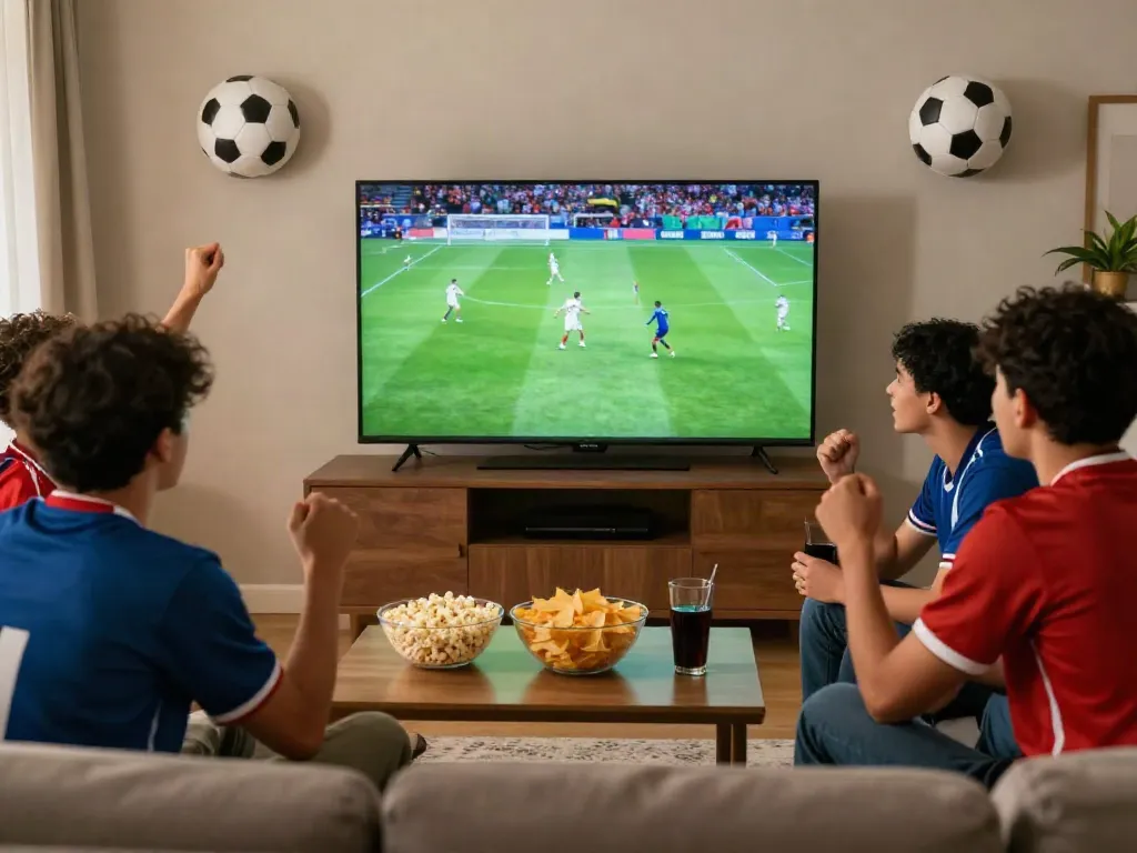 Group of friends enjoying a thrilling gà vàngtv football match at home with snacks and drinks.
