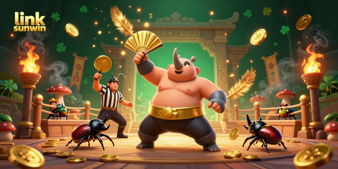 Engage with the thrill of winning at link sunwin featuring a dynamic beetle sumo champion amidst a vibrant casino atmosphere.