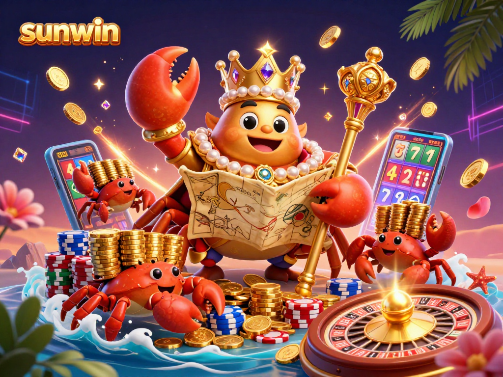 Experience the excitement at sunwin with a 3D crab emperor reigning over golden chips and casino treasures.