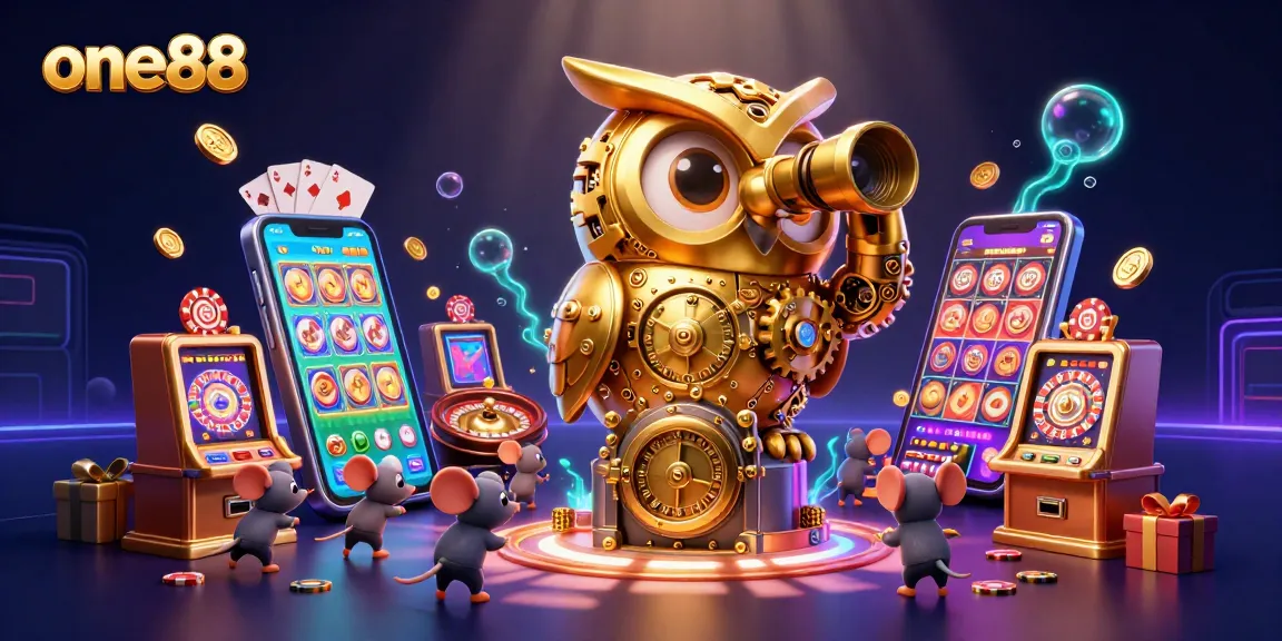 one88 illustrates a golden owl surveying a vibrant casino with slot games and scattered poker chips.