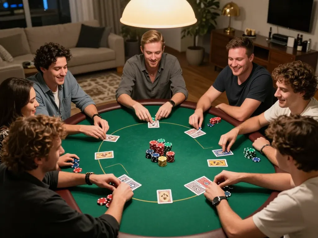 Players enjoying a lively poker game at home, capturing the excitement of gambling at https://mb66.golf/ with chips, drinks, and cards in action.