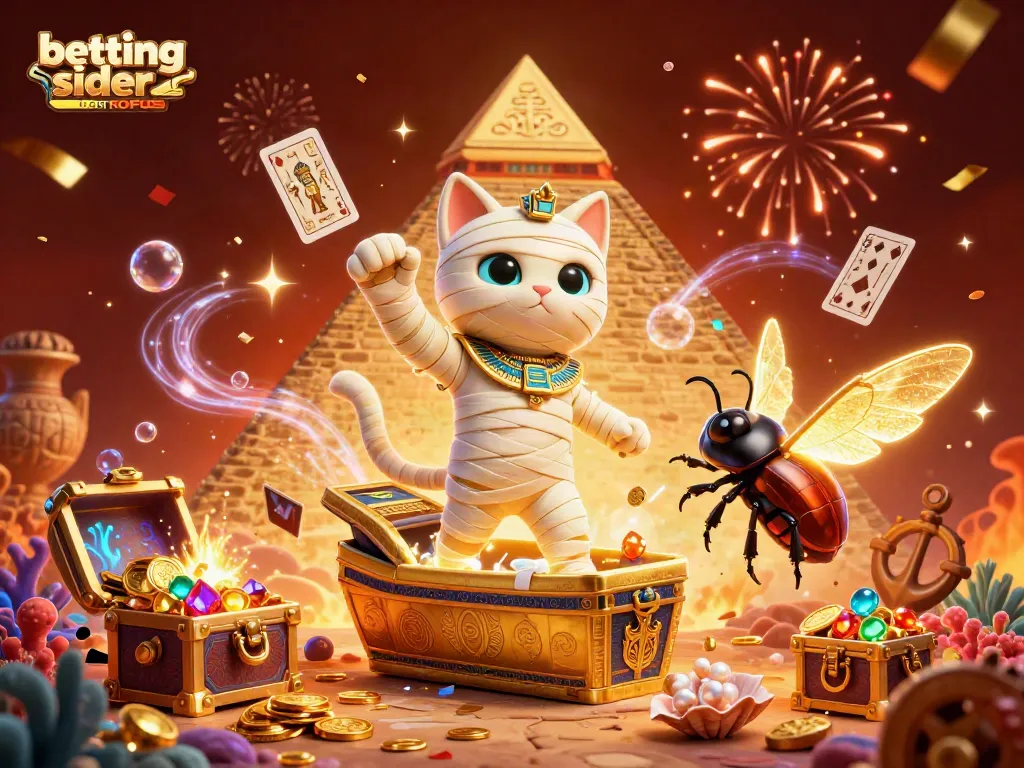 Experience thrilling betting sider uden ROFUS with engaging visuals of a mummy cat and glowing elements.